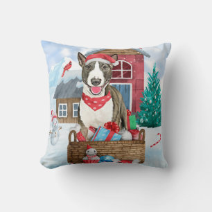 Bull Terrier Dog In snow Christmas Dog House Cushion