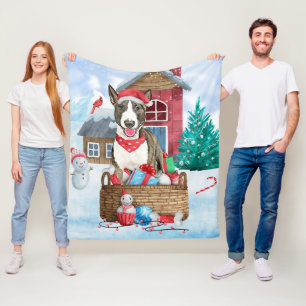 Bull Terrier Dog In snow Christmas Dog House Fleece Blanket