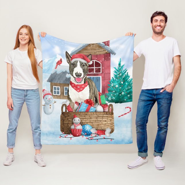 Bull Terrier Dog In snow Christmas Dog House Fleece Blanket (In Situ)