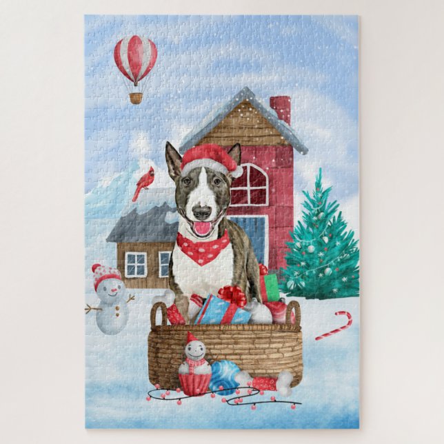 Bull Terrier Dog In snow Christmas Dog House Jigsaw Puzzle (Vertical)