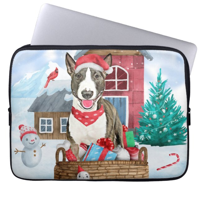 Bull Terrier Dog In snow Christmas Dog House Laptop Sleeve (Front)