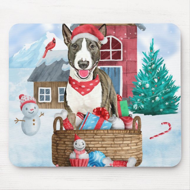 Bull Terrier Dog In snow Christmas Dog House Mouse Mat (Front)