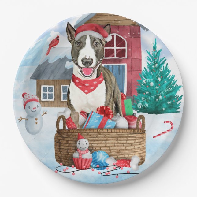 Bull Terrier Dog In snow Christmas Dog House Paper Plate (Front)
