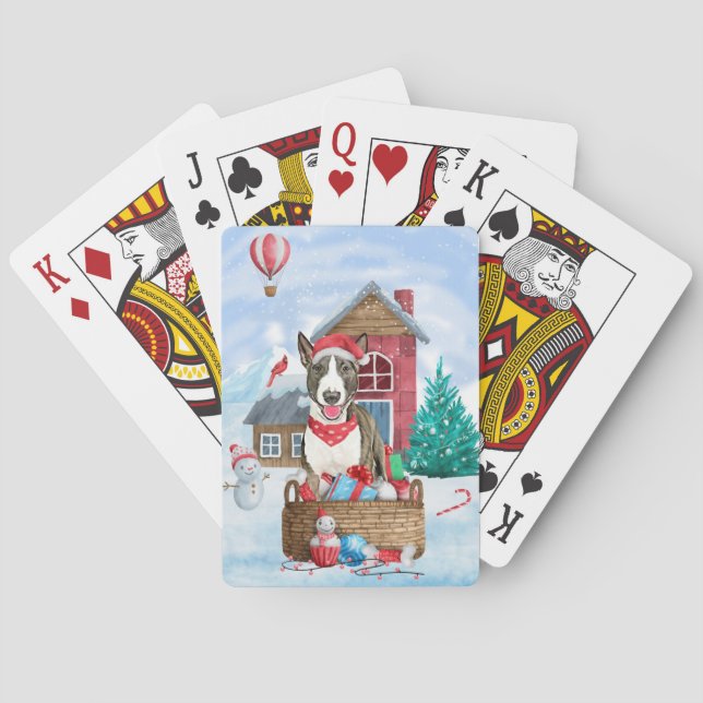 Bull Terrier Dog In snow Christmas Dog House Playing Cards (Back)