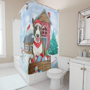 Bull Terrier Dog In snow Christmas Dog House Shower Curtain