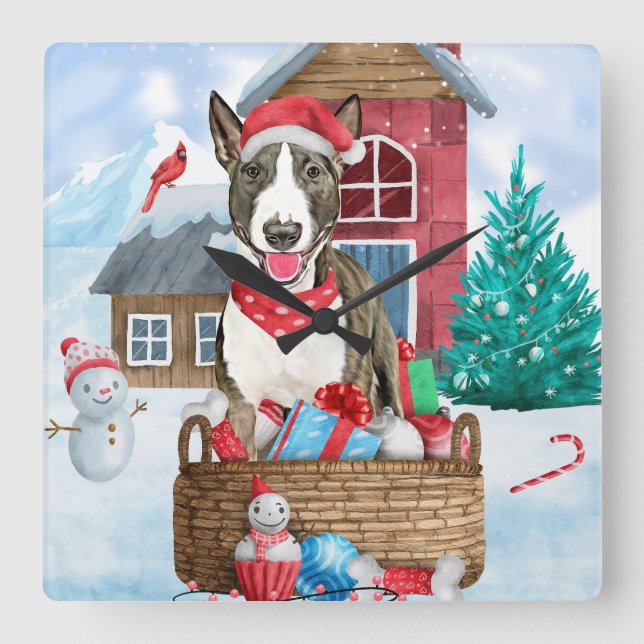 Bull Terrier Dog In snow Christmas Dog House Square Wall Clock (Front)