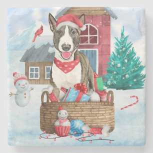 Bull Terrier Dog In snow Christmas Dog House Stone Coaster