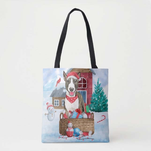 Bull Terrier Dog In snow Christmas Dog House Tote Bag (Front)