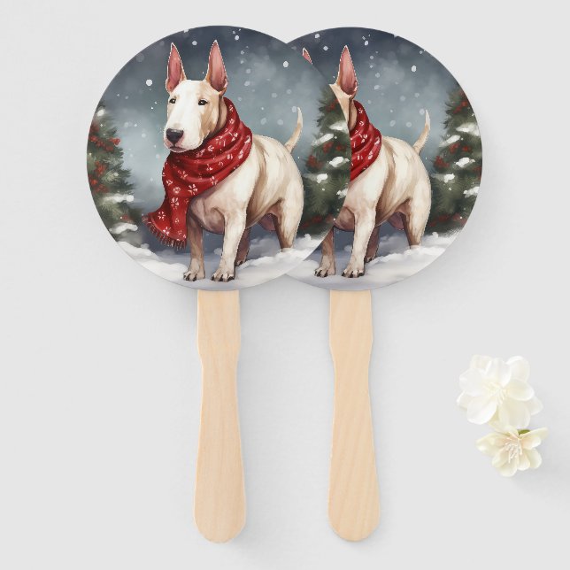 Bull Terrier Dog in Snow Christmas  Hand Fan (Front and Back)