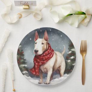 Bull Terrier Dog in Snow Christmas  Paper Plate