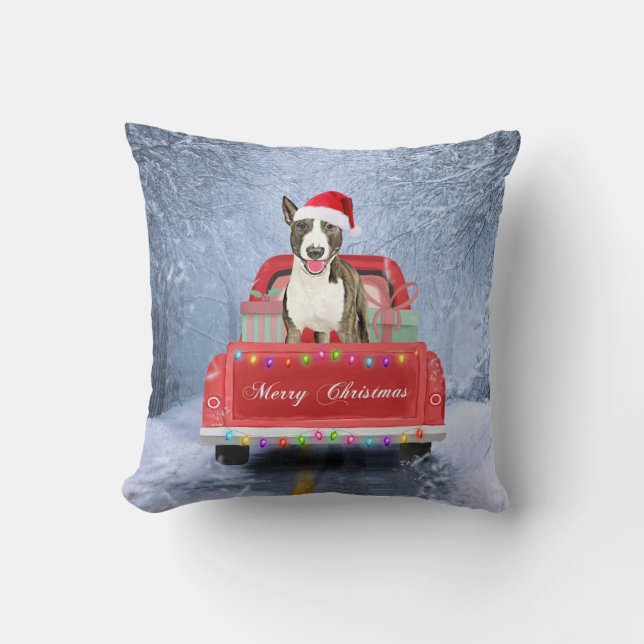 Bull Terrier Dog in Snow sitting in Christmas  Cushion (Front)