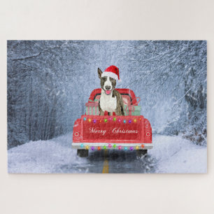 Bull Terrier Dog in Snow sitting in Christmas  Jigsaw Puzzle