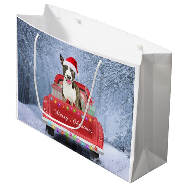 Bull Terrier Dog in Snow sitting in Christmas  Large Gift Bag (Front Angled)