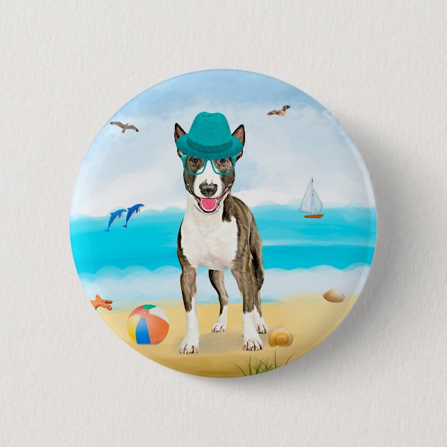 Bull Terrier Dog on Beach 6 Cm Round Badge (Front)
