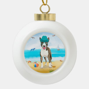 Bull Terrier Dog on Beach  Ceramic Ball Christmas Ornament