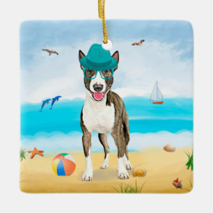 Bull Terrier Dog on Beach Ceramic Ornament
