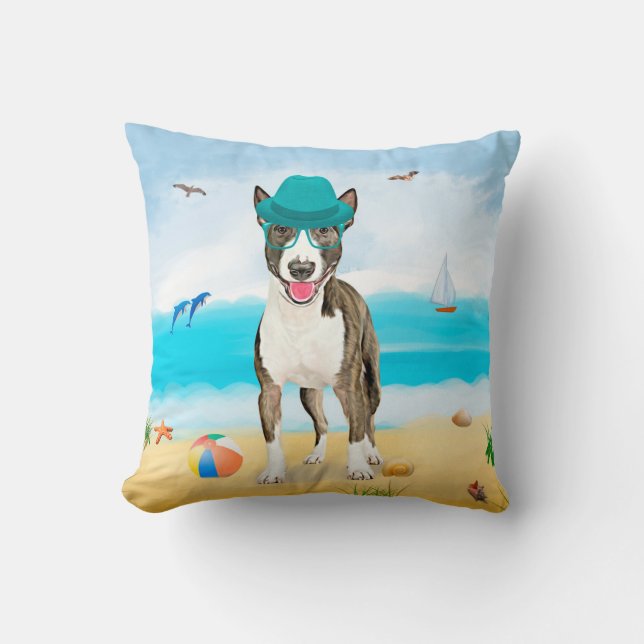 Bull Terrier Dog on Beach  Cushion (Front)