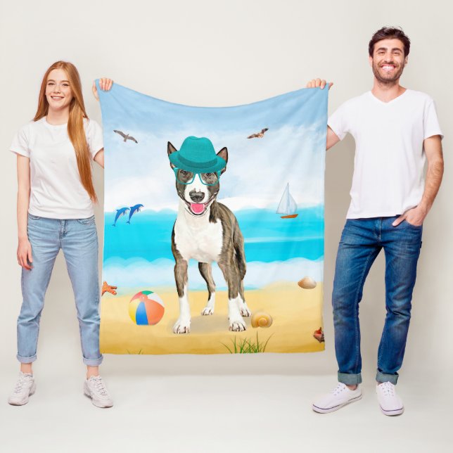 Bull Terrier Dog on Beach Fleece Blanket (In Situ)
