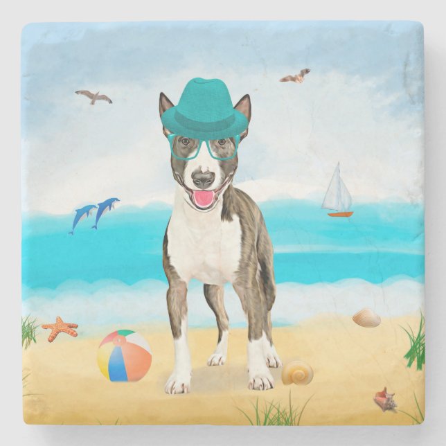 Bull Terrier Dog on Beach Stone Coaster (Front)
