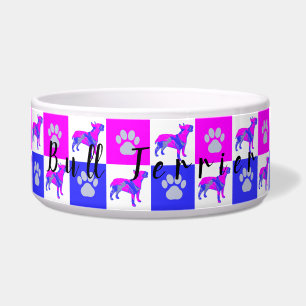 Bull Terrier Dog & Paw Hot Pink and Blue Bowl