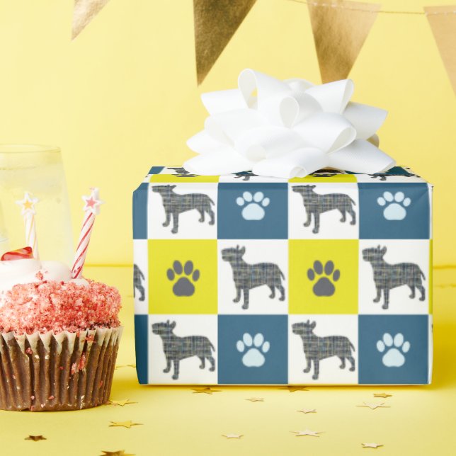 Bull Terrier Dog & Paw Yellow & Blue Grid Wrapping Paper (Birthday Party)