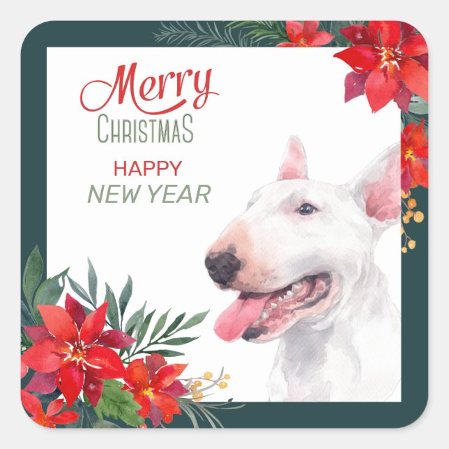 Bull Terrier Dog Poinsettia Border Christmas Square Sticker (Front)