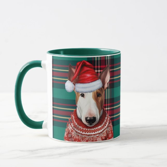 Bull Terrier Dog Red and Green Plaid Christmas Mug (Left)