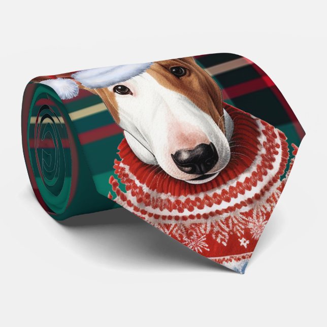 Bull Terrier Dog Red and Green Plaid Christmas Tie (Rolled)