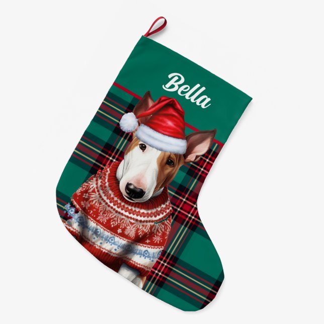 Bull Terrier Dog Red and Green Plaid Personalised Large Christmas Stocking (Front (Hanging))