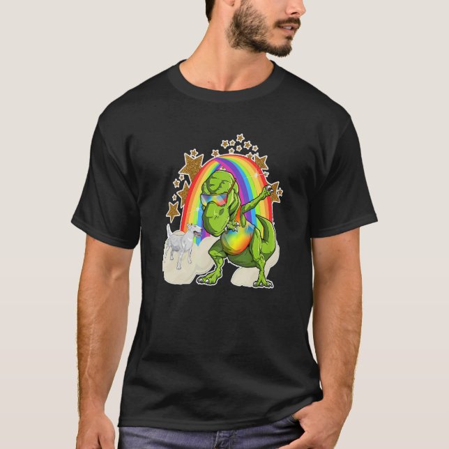 Bull Terrier Dog Rides Rainbow Clouds Next To Danc T-Shirt (Front)