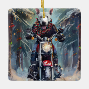 Bull Terrier Dog Riding Motorcycle Christmas Ceramic Ornament