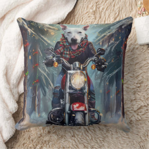 Bull Terrier Dog Riding Motorcycle Christmas Cushion