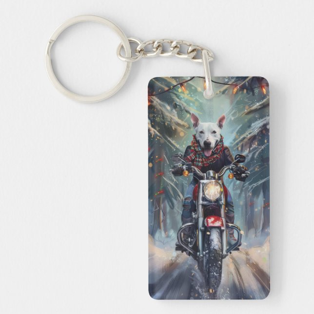 Bull Terrier Dog Riding Motorcycle Christmas Key Ring (Front)