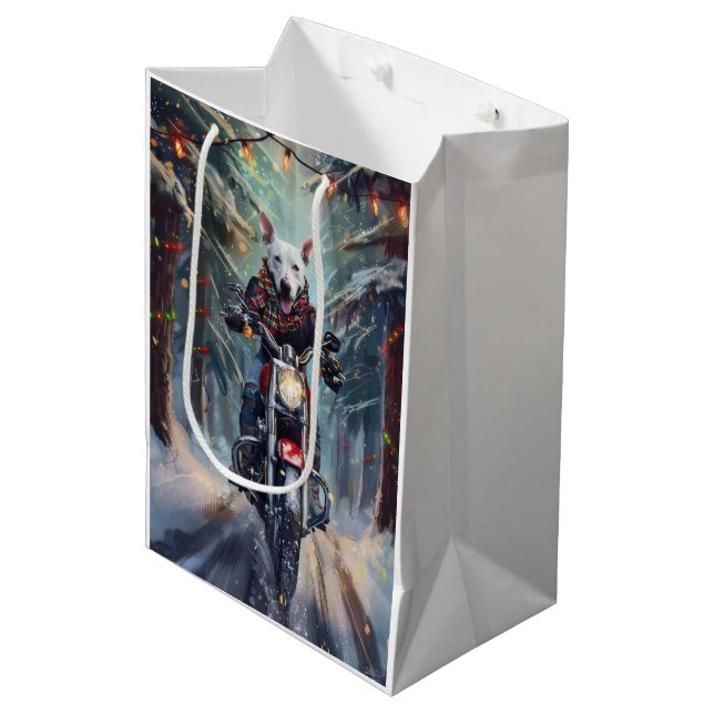 Bull Terrier Dog Riding Motorcycle Christmas Medium Gift Bag (Front Angled)