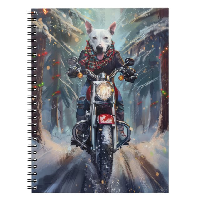 Bull Terrier Dog Riding Motorcycle Christmas Notebook (Front)