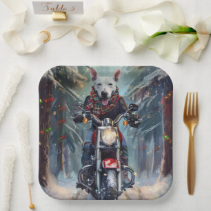 Bull Terrier Dog Riding Motorcycle Christmas Paper Plate