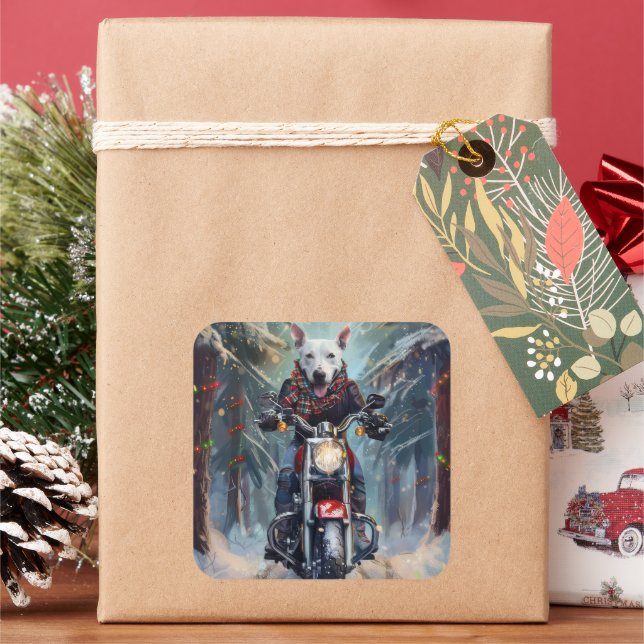 Bull Terrier Dog Riding Motorcycle Christmas Square Sticker (Holiday)
