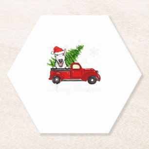 Bull Terrier Dog Riding Red Truck Christmas Decor Paper Coaster