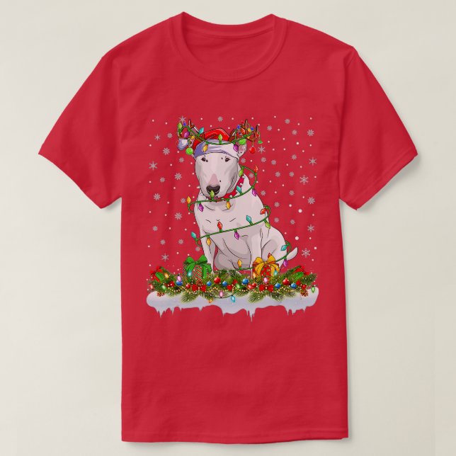Bull Terrier Dog Santa Hat Reindeer Christmas Ligh T-Shirt (Design Front)