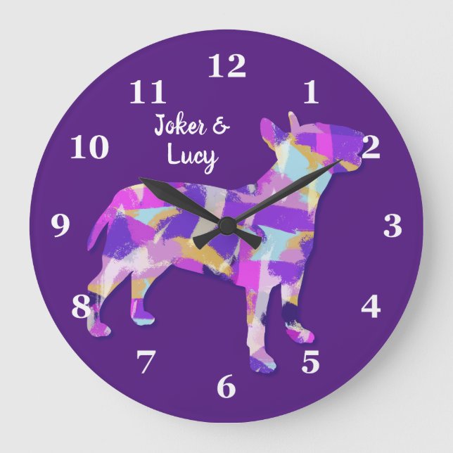 Bull Terrier Dog Silhouette Cute Purple PY&B Large Clock (Front)