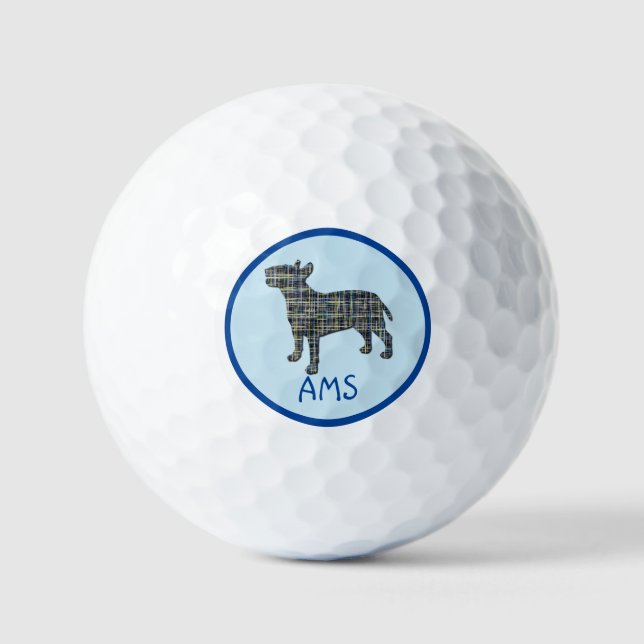 Bull Terrier Dog Silhouette Monogram Grid Blue Golf Balls (Front)