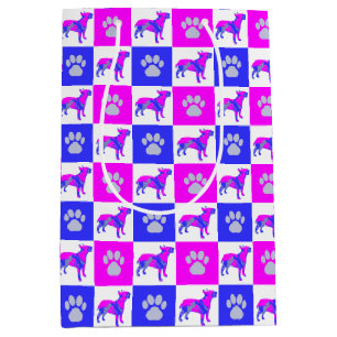 Bull Terrier Dog Silhouette & Paw Hot Pink & Blue Medium Gift Bag