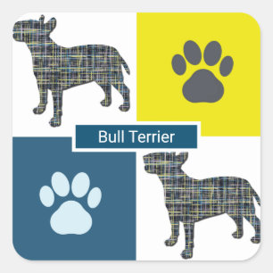 Bull Terrier Dog Silhouette & Paw Y&B Grid Square Sticker