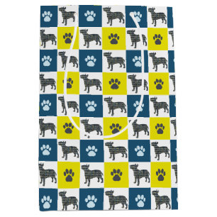 Bull Terrier Dog Silhouette Paw Yellow & Blue Grid Medium Gift Bag