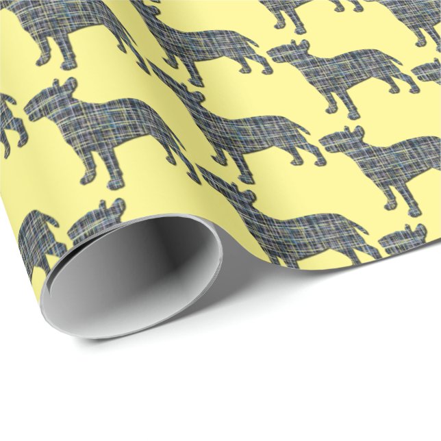 Bull Terrier Dog Silhouette Y&B Grid Yellow Wrapping Paper (Roll Corner)