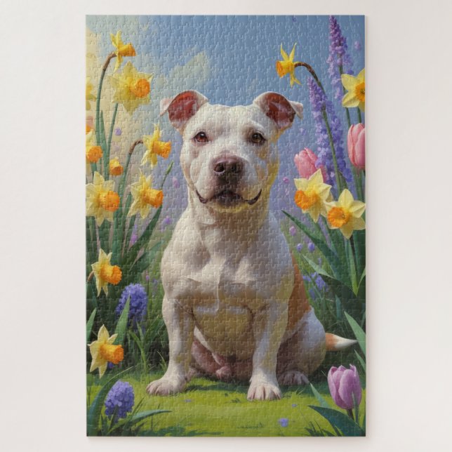 Bull Terrier Dog Spring Flowers Painting  Jigsaw Puzzle (Vertical)