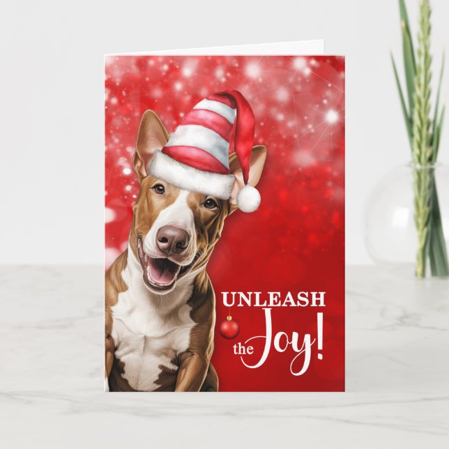 Bull Terrier Dog Unleash the Joy Christmas Holiday Card (Front)