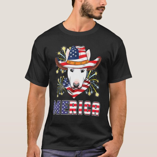 Bull Terrier Dog Us Flag Hat Fireworks Merica 4th  T-Shirt (Front)