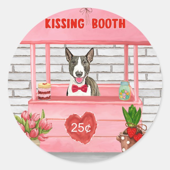 Bull Terrier Dog Valentine's Day Kissing Booth Classic Round Sticker (Front)