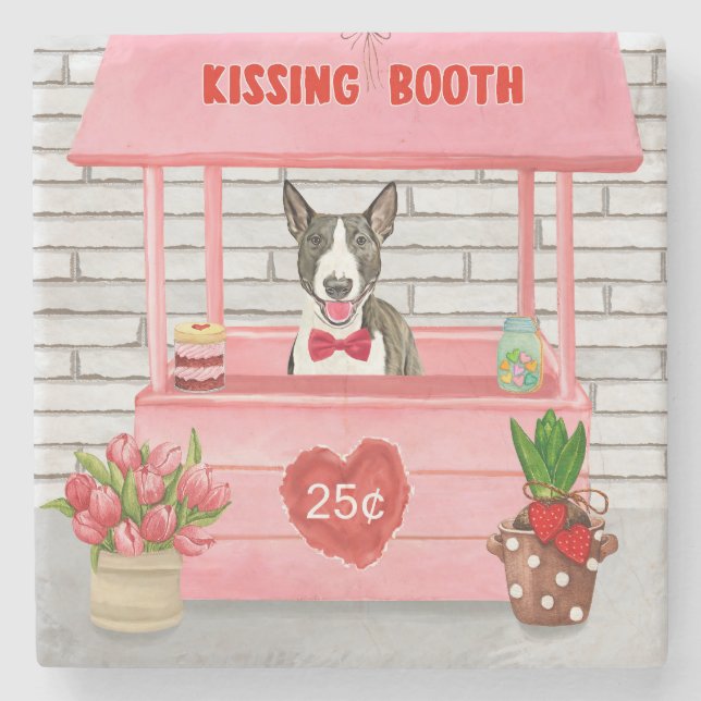 Bull Terrier Dog Valentine's Day Kissing Booth Stone Coaster (Front)